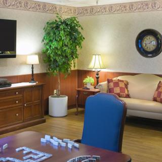 A cozy living room with a sofa, television, indoor plant, and game pieces on the table.