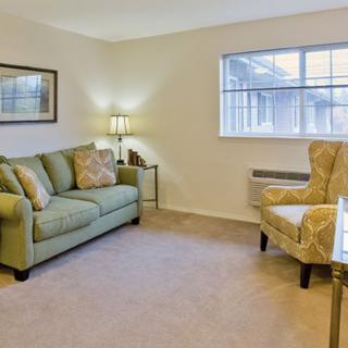 A cozy living room with a sofa and armchair by the window.