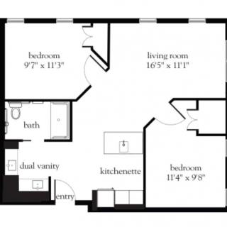 Floor plan of a two-bedroom apartment layout.