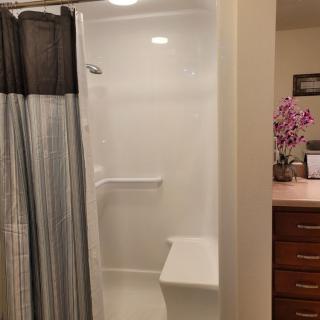 A bathroom with a shower and curtain, featuring a sink area with an orchid plant.