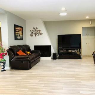 A modern living room featuring a comfortable sofa, large television, and a fireplace with stylish decor.