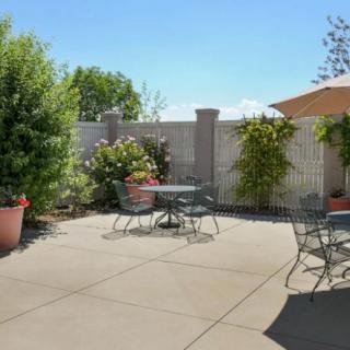 A sunny patio with outdoor seating, plants, and a large umbrella.