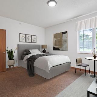A cozy modern bedroom featuring a comfortable bed, stylish decor, and abundant natural light.