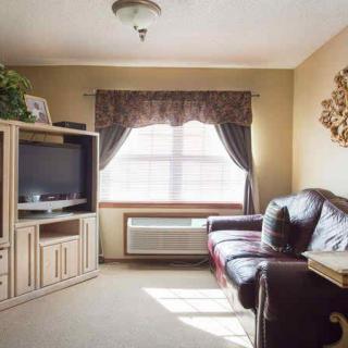 Cozy living room with a sofa and TV, featuring sunlight streaming through the window.