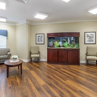 A cozy waiting room with a large fish tank, comfortable seating, and hardwood floors.