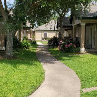 A serene residential pathway flanked by grass and trees, leading through a complex of buildings.