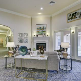 A luxurious living room with elegant decor and a cozy fireplace.
