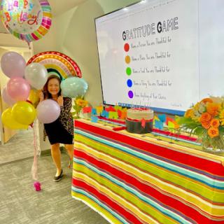 A joyful birthday celebration filled with colorful decorations and balloons.