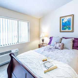 A cozy bedroom with a neatly made bed, a side table lamp, and a painting on the wall.