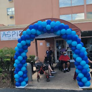 A vibrant blue balloon arch welcoming guests at an outdoor event.