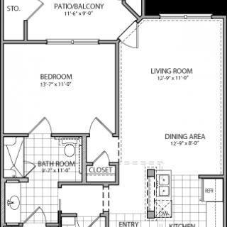 A floor plan of a one-bedroom apartment featuring a living room, dining area, kitchen, bathroom, and a patio/balcony.