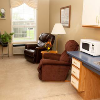 A cozy living area featuring comfortable chairs, a small kitchen space with a microwave, and natural light filtering through the window.