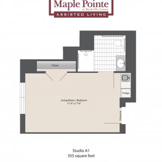 Studio floor plan for Maple Pointe Assisted Living, measuring 350 square feet.