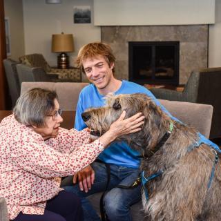 An older woman and a man spending quality time with a large dog in a cozy living room.