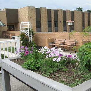 A rooftop garden with a variety of flowers, a bench, and building in the background.