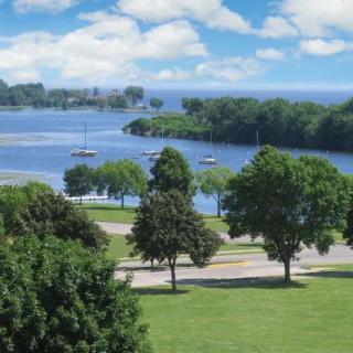 A scenic view of a tranquil lake with sailboats, surrounded by lush green trees and a vibrant blue sky.