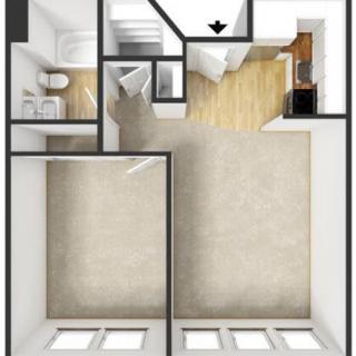 A detailed floor plan of an apartment featuring a bedroom, bathroom, kitchen, and living area.
