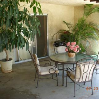 A cozy patio with a round glass table, surrounded by metal chairs and lush potted plants.