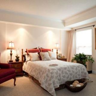 A cozy bedroom with elegant interior design, featuring a bed with decorative pillows, bedside lamps, and a potted plant by the window.