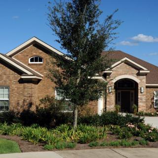 A single-story brick house with a landscaped front yard and trees.