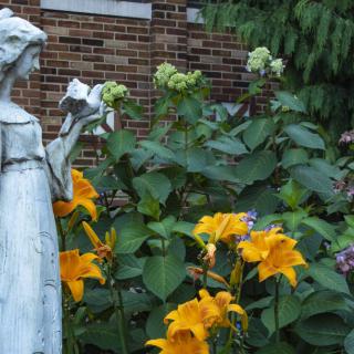 A garden with a statue surrounded by vibrant yellow flowers and lush greenery against a brick wall backdrop.