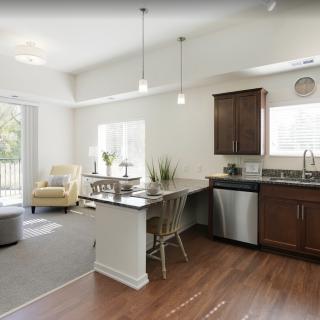 A modern open-concept kitchen and living room with wood flooring, warm natural lighting, and contemporary furnishings.
