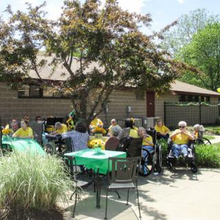 A lively outdoor gathering of senior citizens enjoying the sunshine while wearing matching yellow shirts.