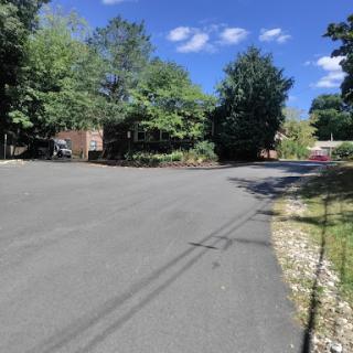A serene view of a quiet street lined with trees and a clear blue sky.