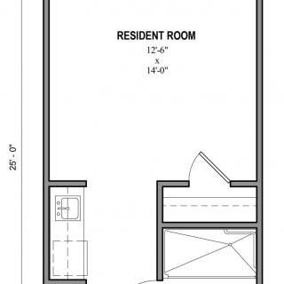Floor plan of a resident room with dimensions and layout details.