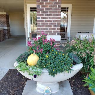 A charming outdoor planter filled with colorful flowers and a decorative pumpkin.
