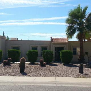 A single-story house with desert landscaping, featuring trimmed bushes and a palm tree under a clear sky.