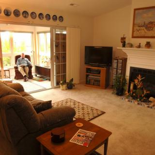 A cozy living room with a sofa, television, and fireplace, where a person is relaxing near large windows.