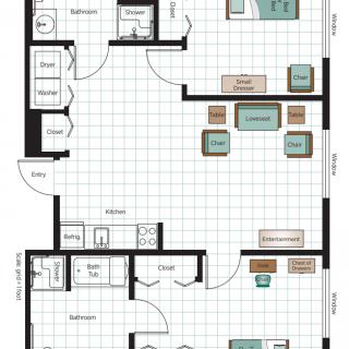 A detailed floor plan of a two-bedroom apartment, showcasing the layout of rooms and furniture.