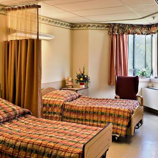 A hospital room with two beds, separated by a curtain, featuring large windows and floral decorations.