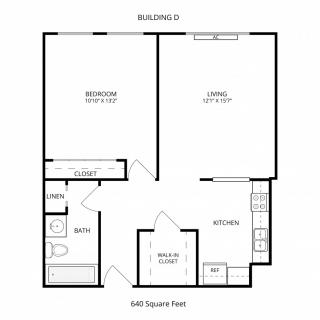 A floor plan of a 644 square foot, one-bedroom apartment layout.