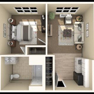 A detailed floor plan of a small apartment featuring a bedroom, living room, kitchen, and bathroom.