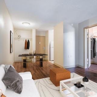 A modern living room showcasing an open layout with stylish furniture and warm wood flooring.