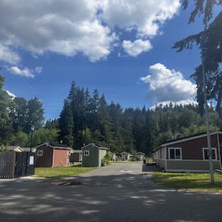 A peaceful view of a campground surrounded by trees under a bright blue sky.