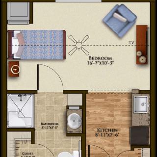 A detailed floor plan showcasing a compact apartment with a bedroom, kitchen, and living area.