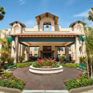 A grand hotel entrance surrounded by lush landscaping and palm trees.