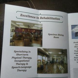 A brochure highlighting facilities and services provided for rehabilitation, including a spacious dining room and specialized therapies.
