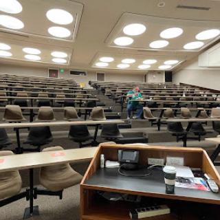 An empty lecture hall ready for a class.