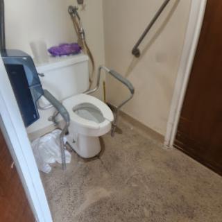 A small bathroom featuring an accessible toilet and grab bars.