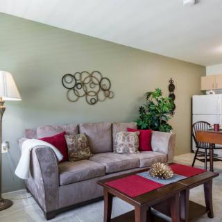 A cozy living room featuring a gray sofa with red pillows, a wooden coffee table, and decorative wall art.