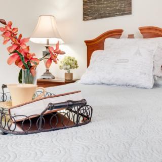 A cozy bedroom with a neatly made bed, featuring a decorative tray with flowers and books.