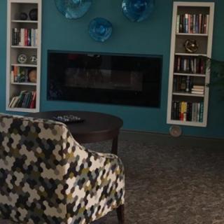 A cozy living room with a fireplace and bookshelves.