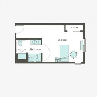 A simple floor plan of a small apartment with a bedroom, bathroom, and closet.