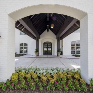 A building entrance with a covered walkway and landscaped plants.