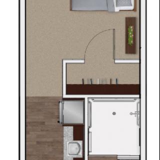 A simple apartment floor plan with a bedroom and bathroom.