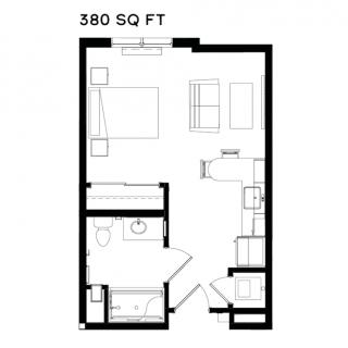A floor plan of a 380 square foot studio apartment, showing the arrangement of the bedroom, living area, kitchen, and bathroom.